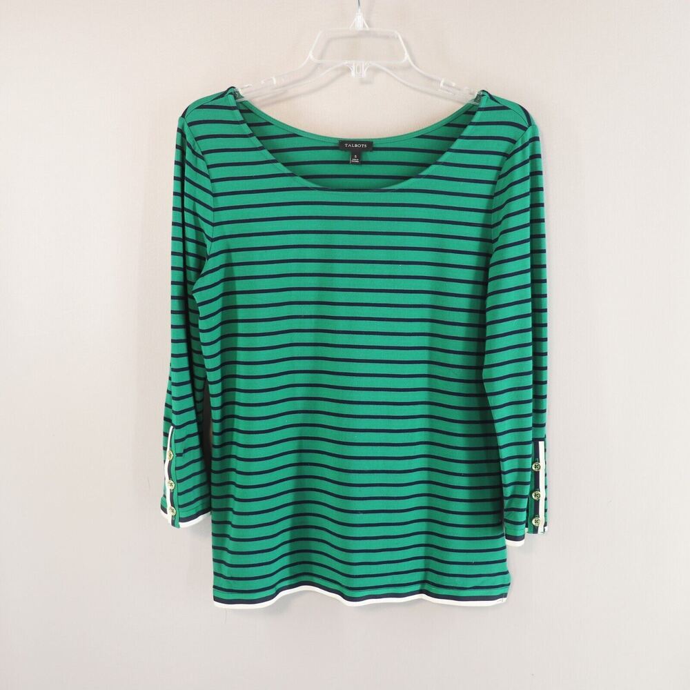 Talbots Top Women Small Green Blue Stripe Preppy Button Cuffs Boat Long Sleeve